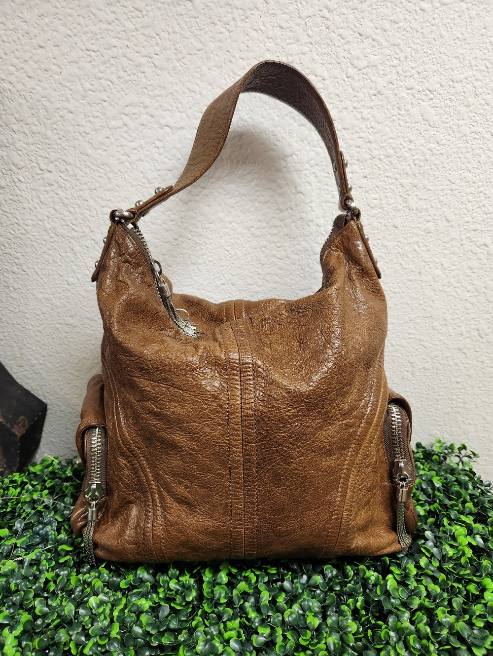 BOTKIER Leather Silver Hardware Satchel, Shoulder Hobo Handbag